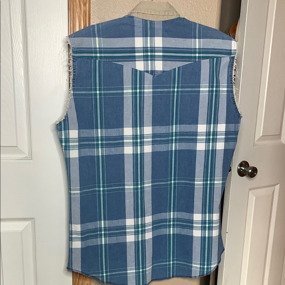WRANGLER Vintage Denim Plaid Sleeveless Summer Work Button Down Shirt - Picture 4 of 6